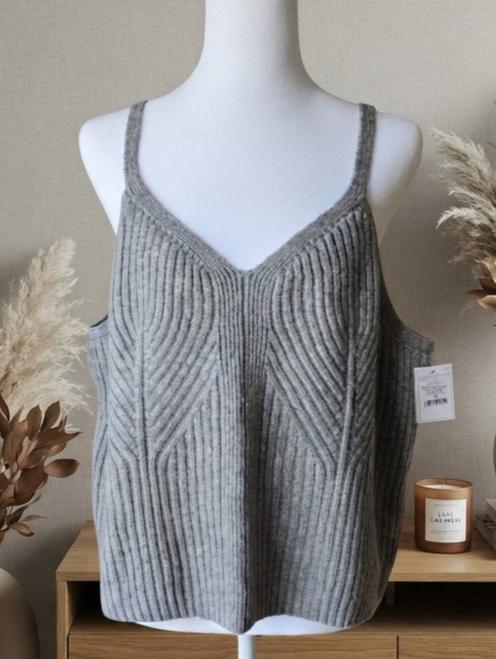 Auden Ribbed V-Neck Knit Tank Top - Gray Loungewear Cozy Knit Cami Size 1X NWT